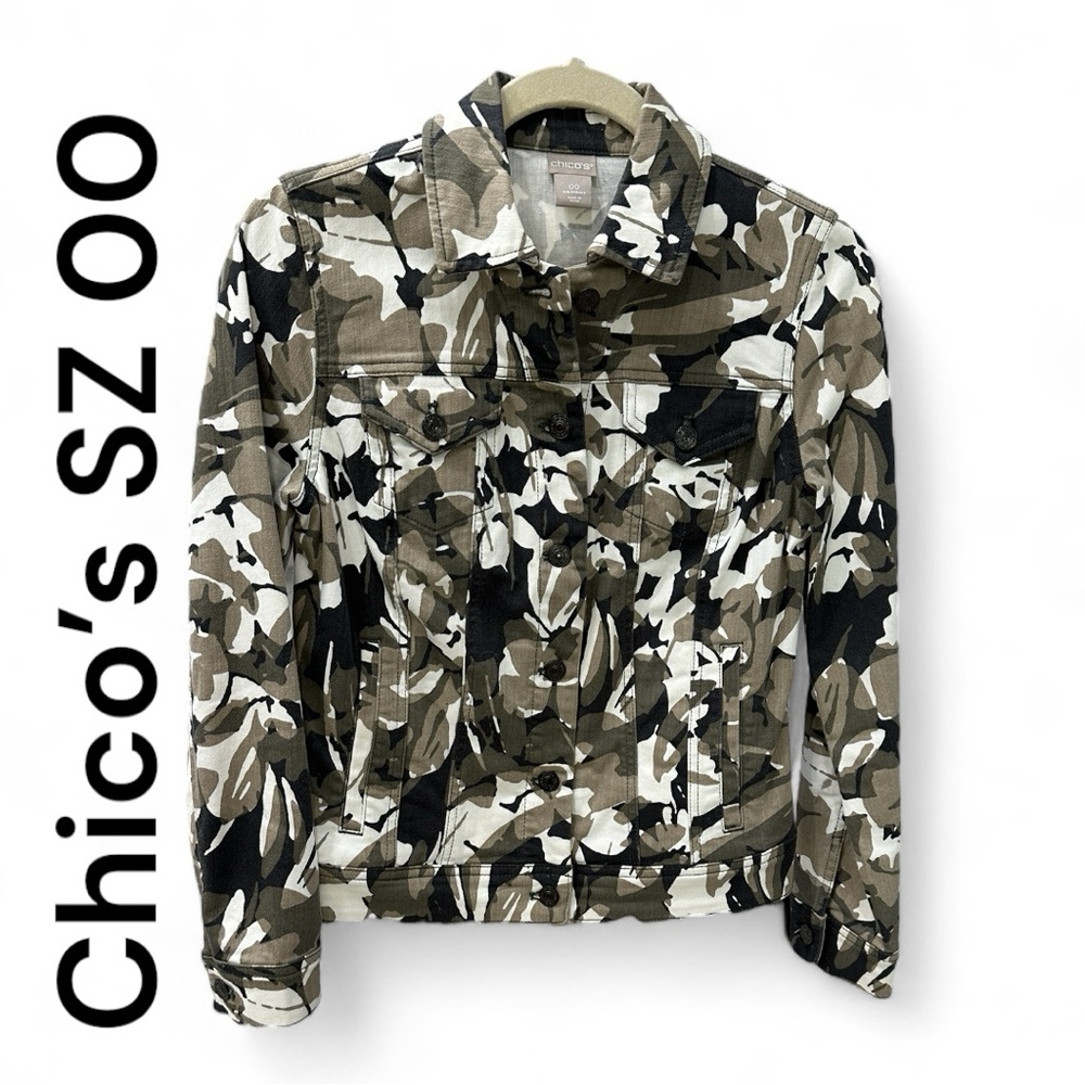 Chico’s Floral-Camo Denim Jacket Size 00 (0-2) EUC